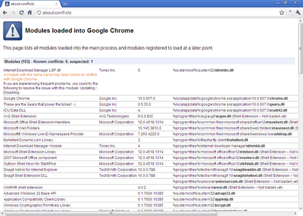 Chromes about Conflicts thumb1 Chrome&rsquo;s About:Conflicts Page helps in Troubleshooting Conflicting Software with Chrome