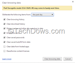 Chrome clear browsing data dialog  showing message to use incognito mode