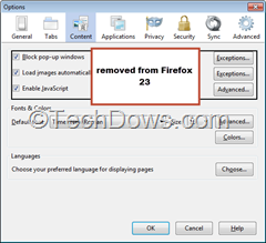 firefox 22 with JavaScript option in Preferences thumb How to Disable JavaScript In Firefox 23? [Tip]