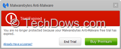 Malwarebytes Trial expired popup thumb How to Revert to Malwarebytes Free from Premium Trial?