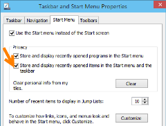 Tasbar and start menu properties thumb Windows 10: How to Hide Favorites, Frequent Folders and Recent Files in File Explorer?