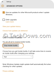 Stop Insider builds option in Settings Windows 10 Preview build