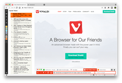 Vivaldi with web Panels and extension icons in the toolbar