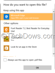 Windows 10 choose an app dialog for a PDF file