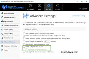 Enable Self-protection module option in Malwarebytes advanced Settings