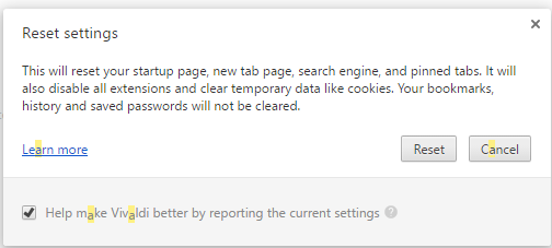 Vivaldi reset Settings