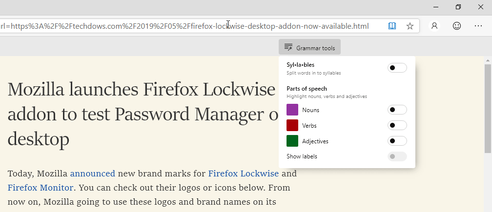 Grammar tools in Chromium Edge reading mode