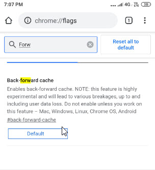 Back forward cache flag Android