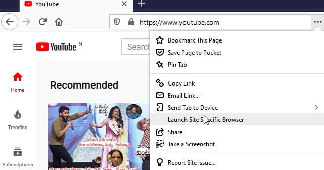 launch Site Specific Browser option in Firefox Page Actions menu