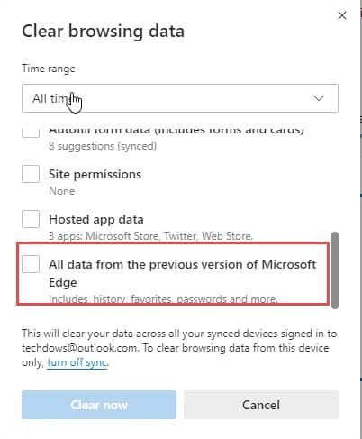All data from previous version of Microsoft Edge option in clear browsing data dialog