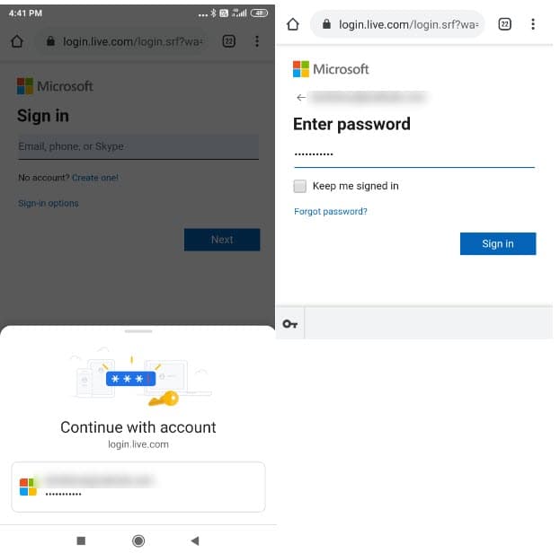 continue with account sheet and password autofilled