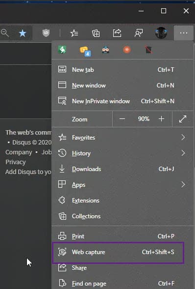 Web capture option in the Edge menu