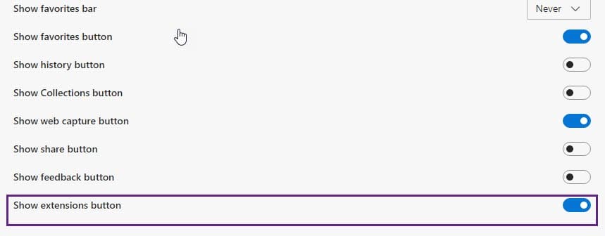 Edge Show extensions button setting