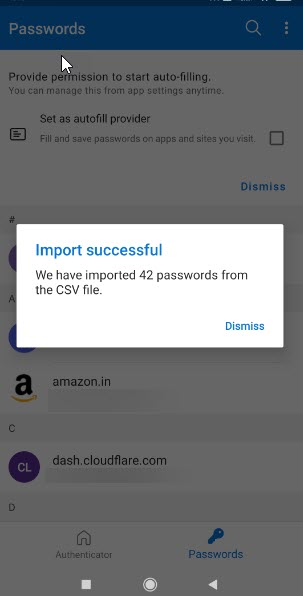 MS Authenticator succesfully imported passwords from CSV