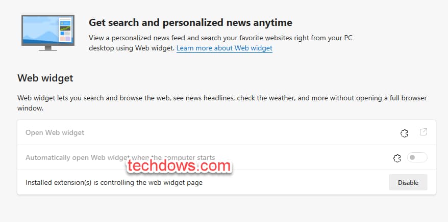 Edge Web Widget page says installed extensions controlling it