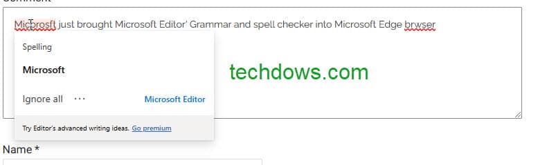 Microsoft Editor in Edge flagged misspelled word