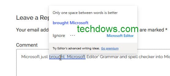 Microsoft Editor suggesting grammar correction for a Phrase in Edge browser