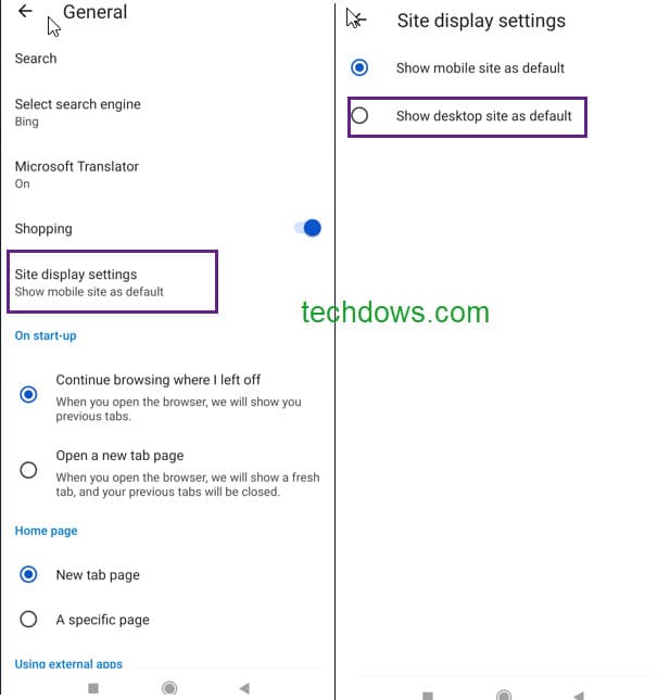 Edge Android Site display Setting show desktop site as default