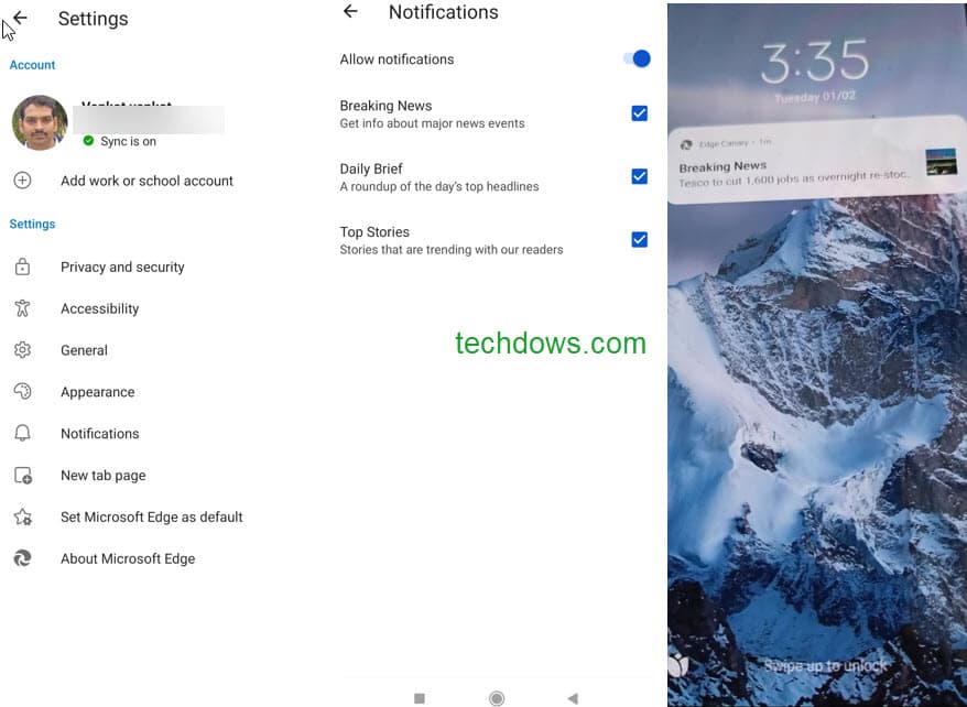 News notifications Microsoft Edge Android