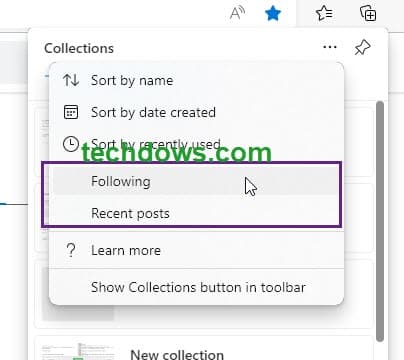 Collections in Edge with Following and Recent posts options