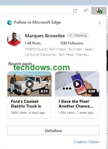 Follow in Microsoft Edge window with unfollow button