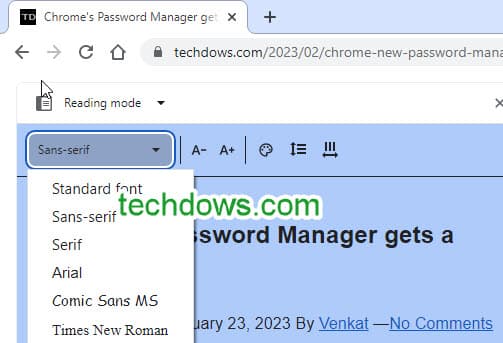 chrome reading mode font options