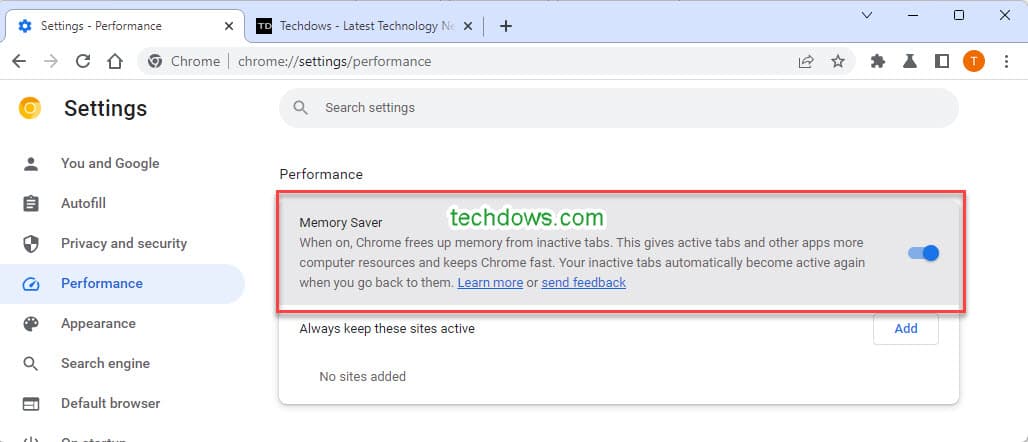 disable or turn off chrome memory saver