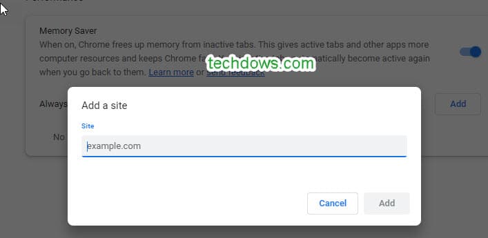 whitelist sites memory saver