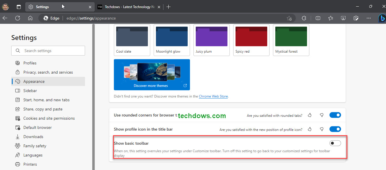 enable basic toolbar in Edge browser