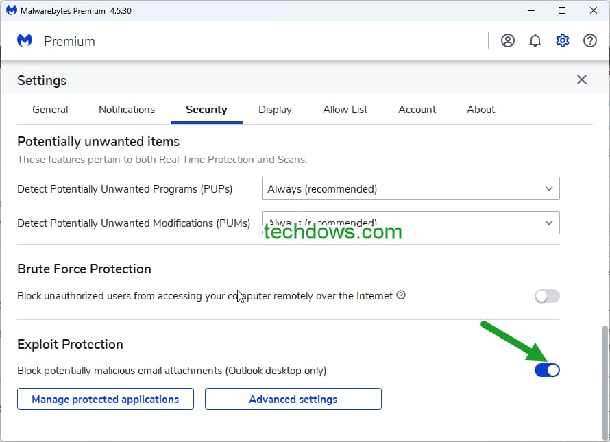 disable Exploit Protection in Malwarebytes on Windows 11