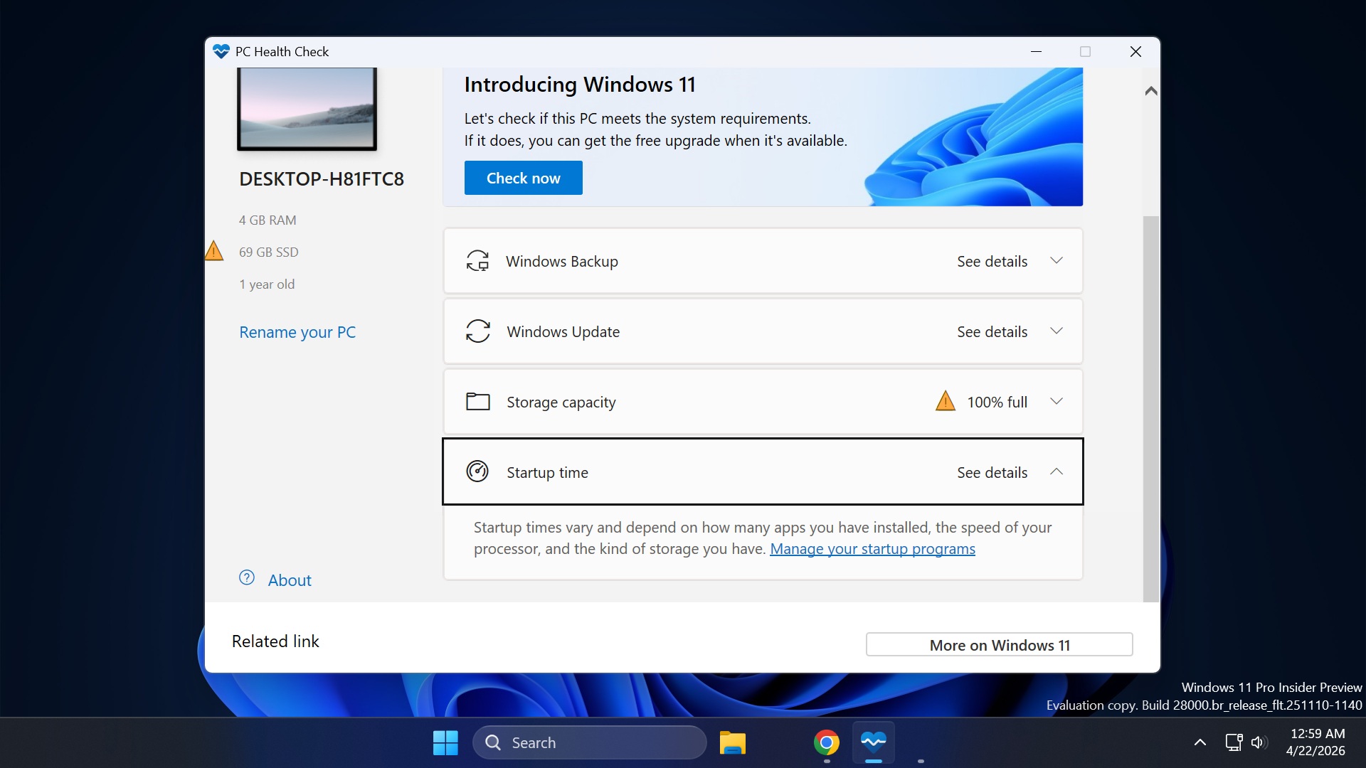 windows pc health check app home page