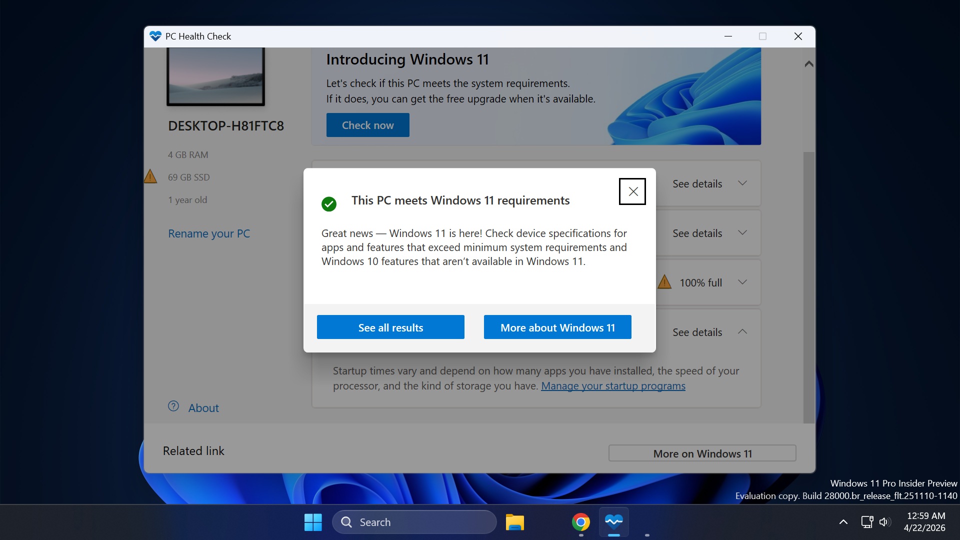 windows pc health check app test results