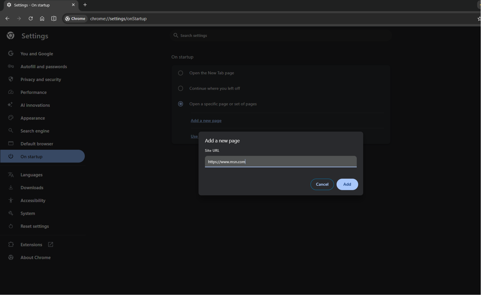 Add a new page Settings Google Chrome