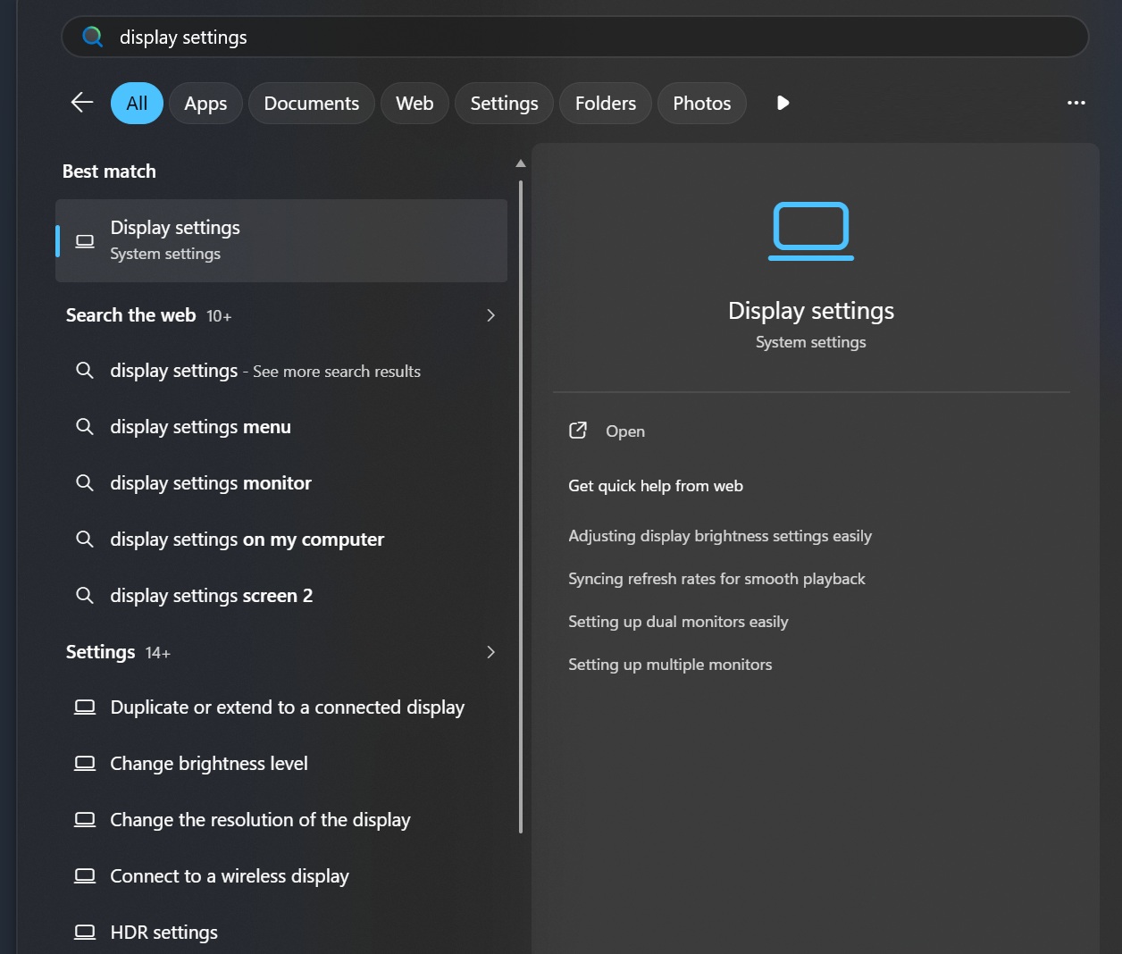 Open Display Settings in Windows Search
