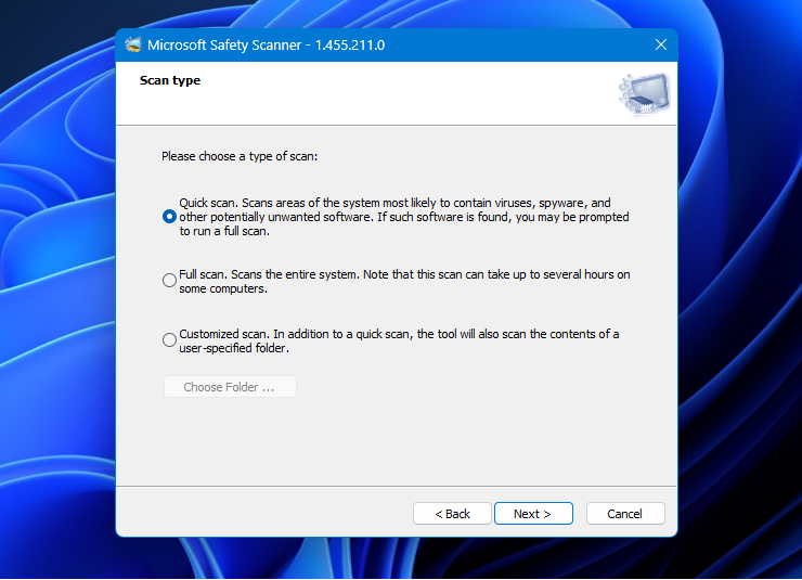 Quick scan, Full scan or Customized scan in Microsoft Safety Scanner for Windows 11