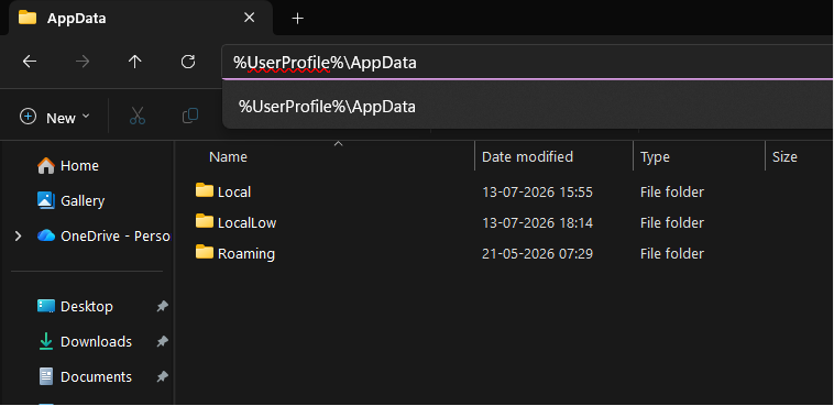 Find %UserProfile%\AppData using File Explorer