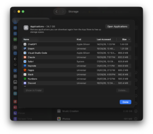 Applications Storage List Mac Window