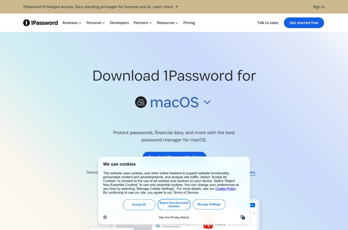 1Password Mac download page with its single download button