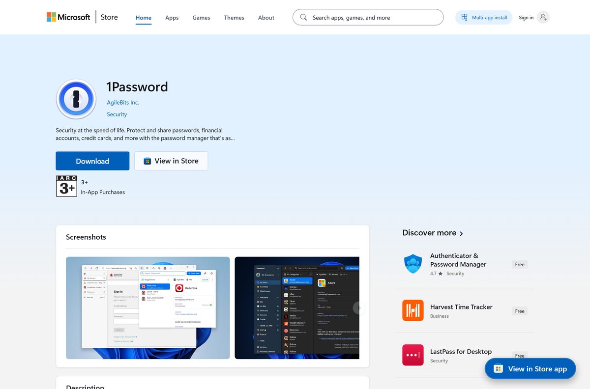 Microsoft Store listing for 1Password with its publisher and price