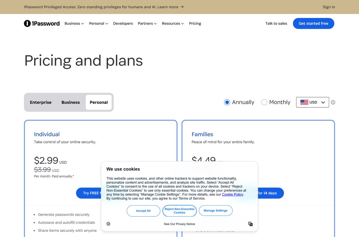 1Password pricing page comparing the Individual and Families plans