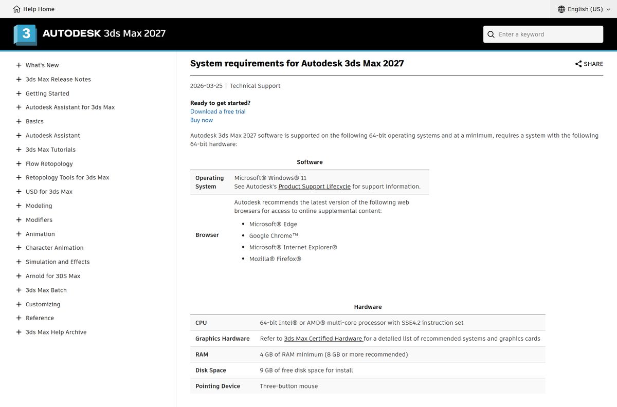 3ds Max 2027 system requirements table for Windows 11