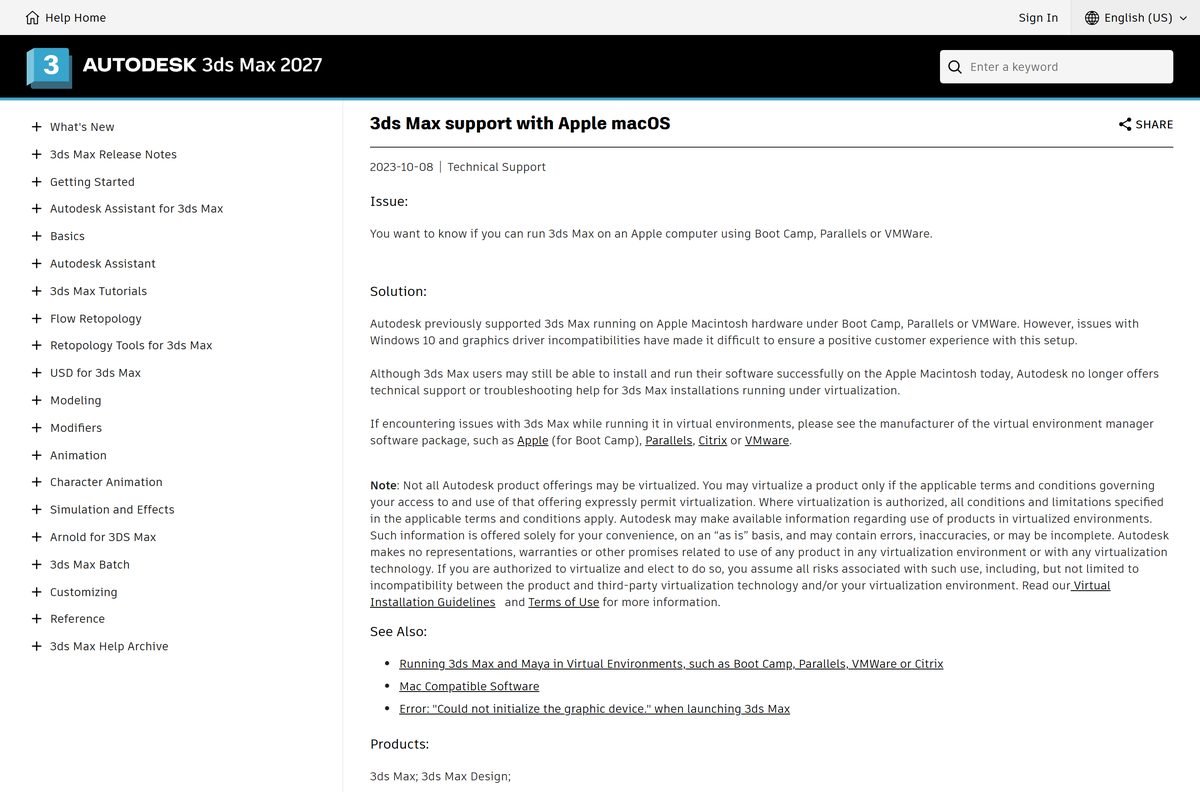 Autodesk support note on running 3ds Max on Apple computers