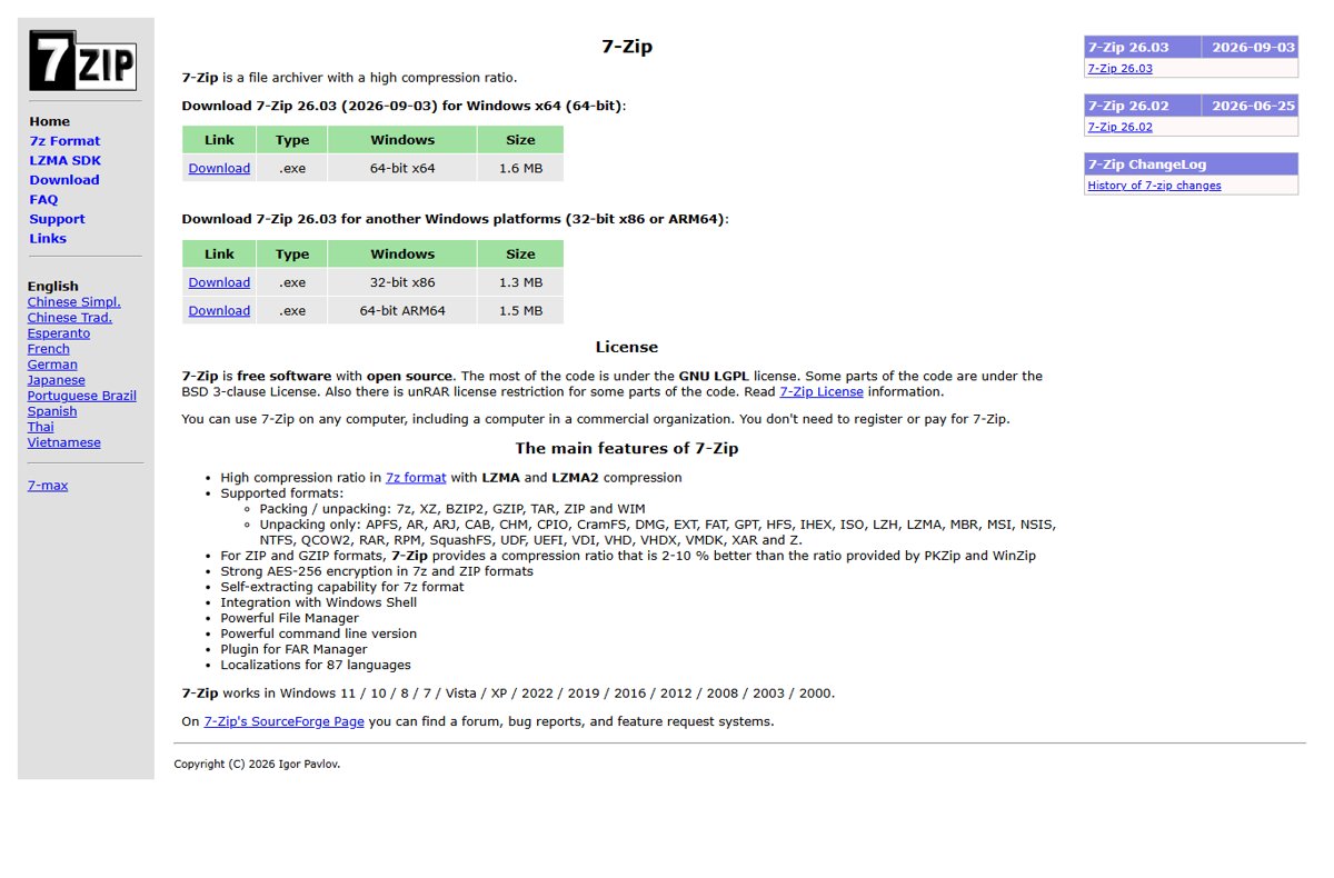7-Zip download page showing 64-bit x64, 32-bit x86 and ARM64 installers