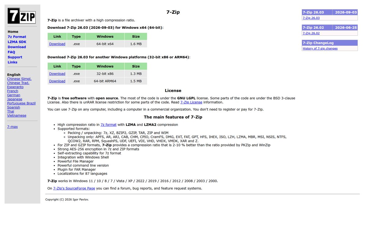 7-Zip home page with installer links and file sizes