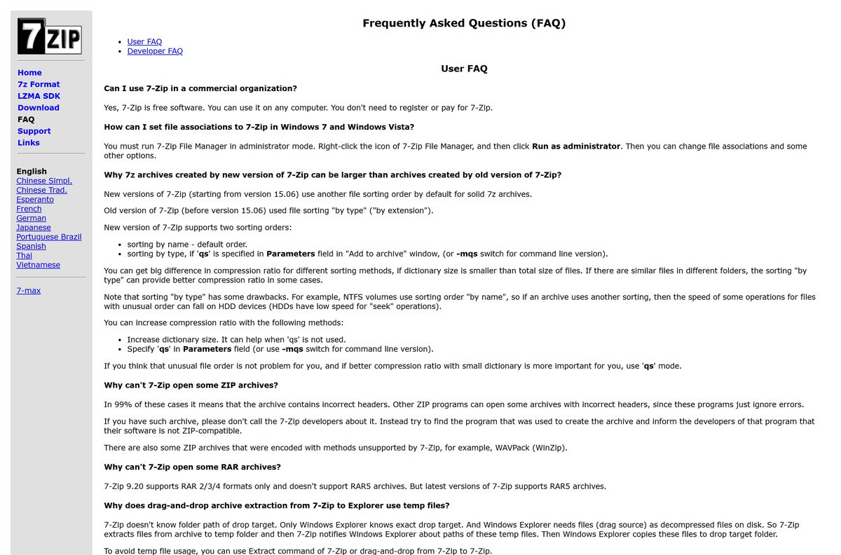 7-Zip FAQ page with silent install switches for EXE and MSI