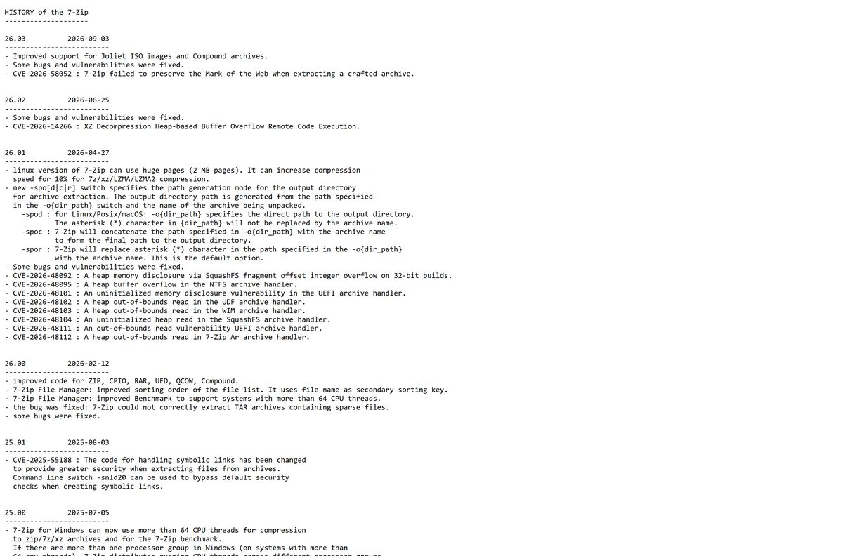 7-Zip version history listing recent releases and security fixes