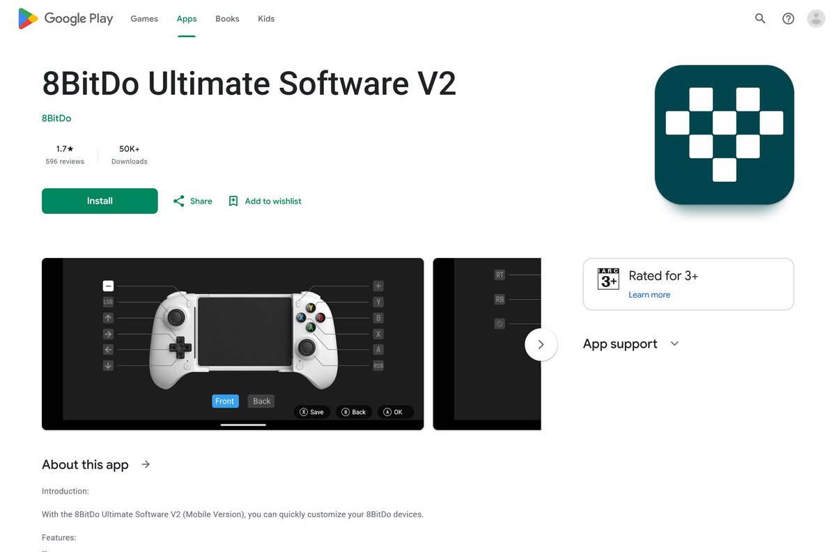Google Play listing for 8BitDo Ultimate Software V2 with its features