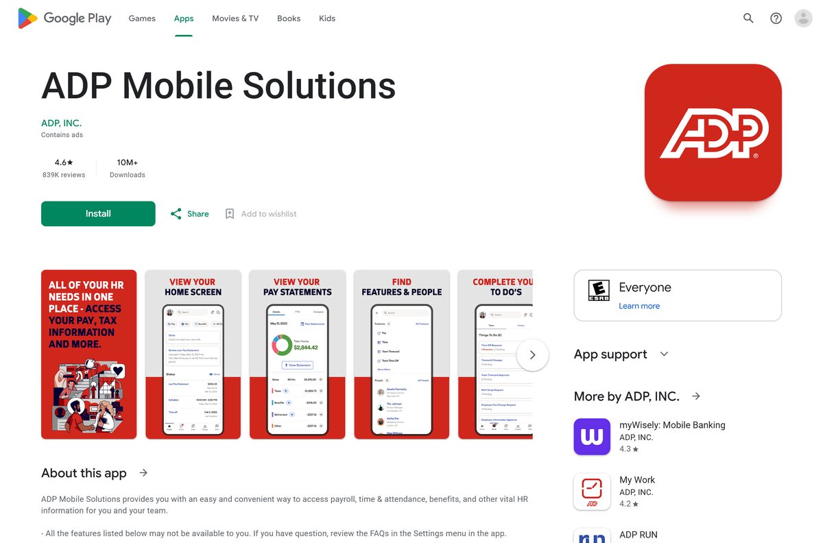 Google Play listing for ADP Mobile Solutions with its rating and downloads
