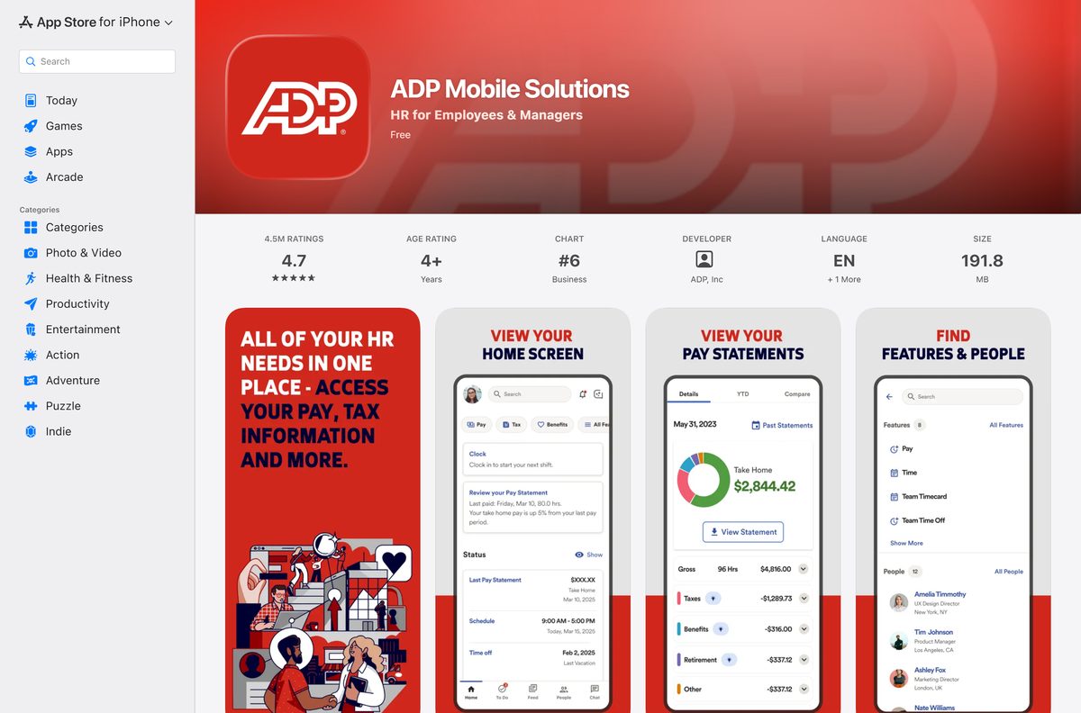 App Store listing for ADP Mobile Solutions with its rating and seller