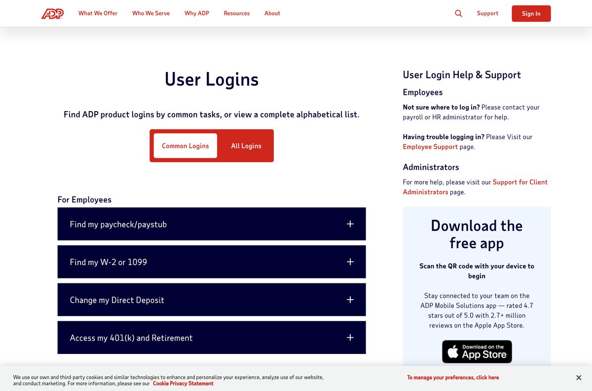 ADP logins page listing MyADP and Workforce Now sign-in portals